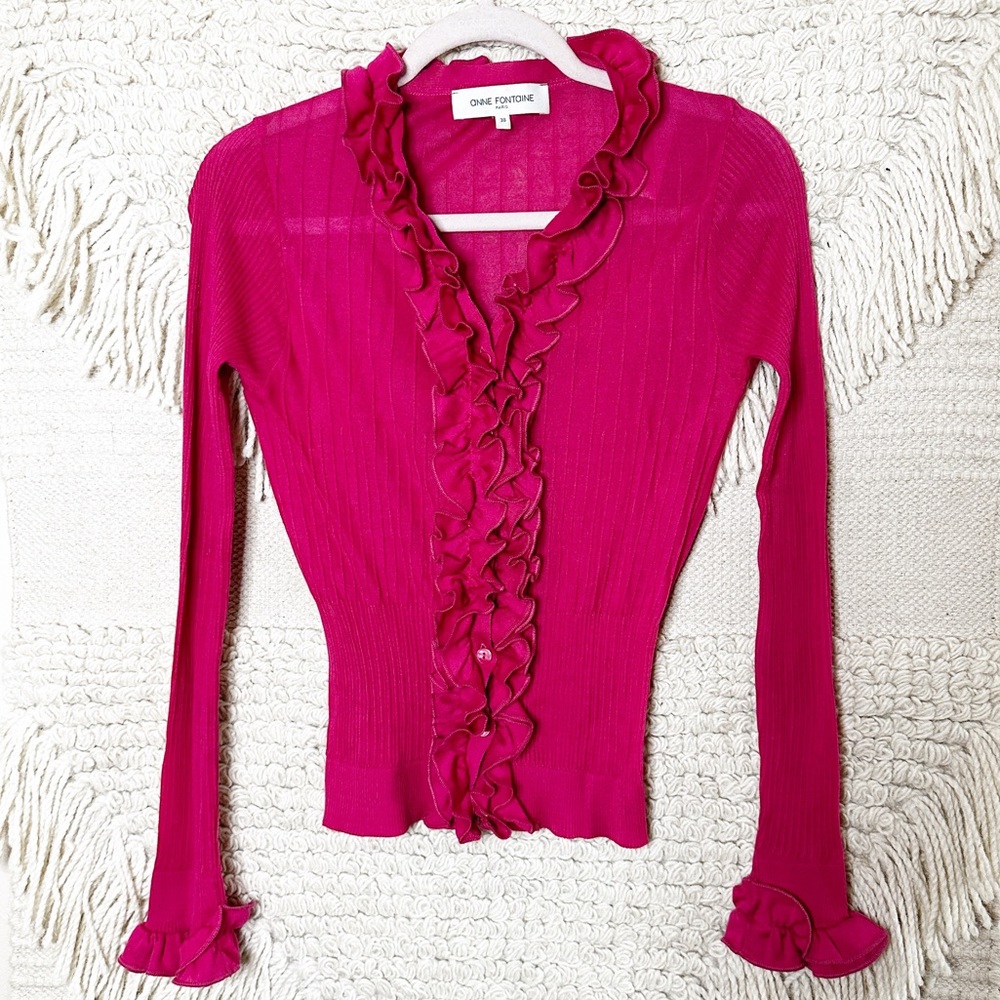 ANNE FONTAINE Barbie core pink ruffled stretchy Parfaite cardigan top S